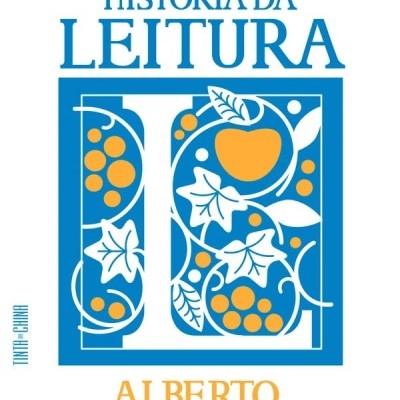 Capa de livro 'Uma História da Leitura' de Alberto Manguel com decoração azul e amarela