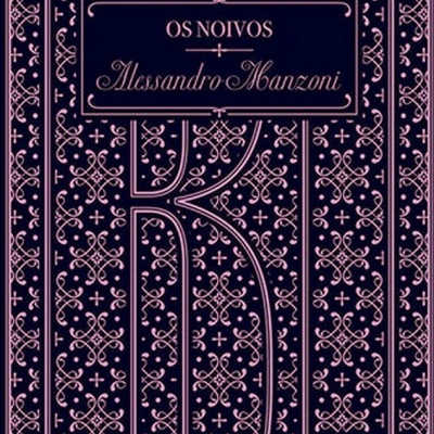 Capa de livro azul escuro com padrões rosas e texto 'OS NOIVOS Alessandro Manzoni'