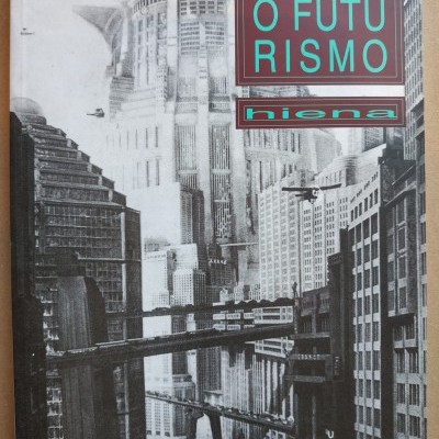 Capa de livro em preto e branco com imagem de cidade futurista e texto colorido