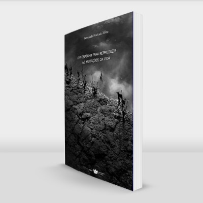 Livro com capa preta e cinzenta, com texto e imagem de rochas e pessoas em silhueta