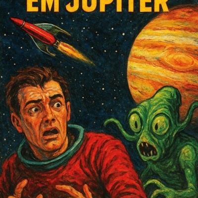 Capa de livro com astronauta assustado, alienígena verde, foguete e planeta Júpiter.