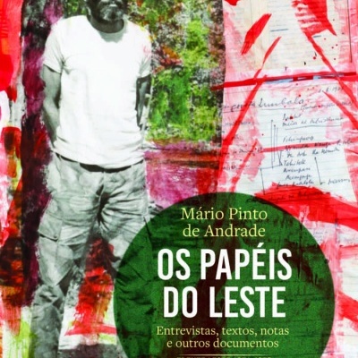 Capa do livro OS PAPÉIS DO LESTE com foto a preto e branco de homem e fundo colorido artístico