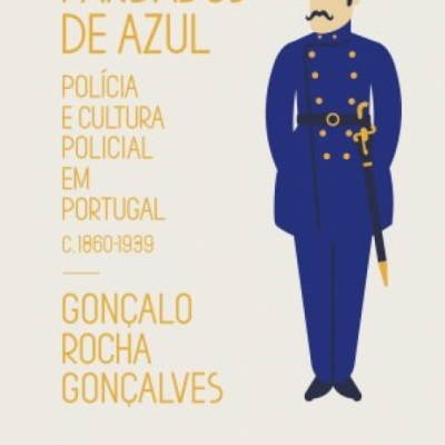 Capa de livro com desenho de policial em farda azul e texto amarelo sobre fundo branco