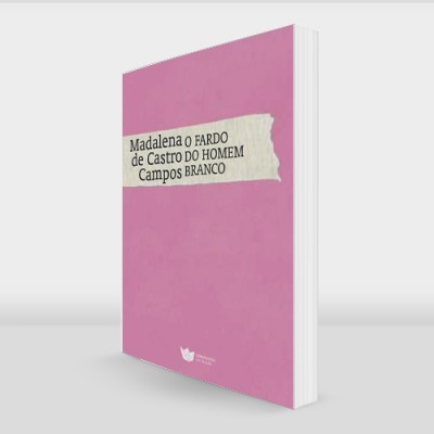 Livro com capa dura rosa e texto em fundo branco