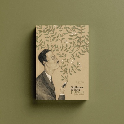 Livro com capa bege e ilustração de homem e plantas verdes