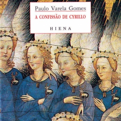Capa de livro com anjos loiros de coroas de flores e vestes azuis sobre fundo dourado