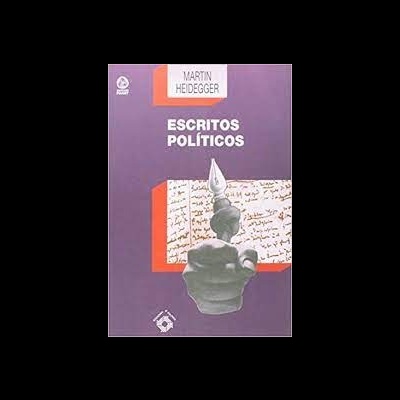 Capa do livro 'Escritos Políticos' de Martin Heidegger com fundo roxo e detalhes em laranja.