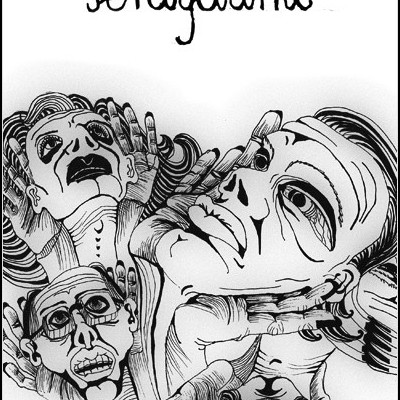 Ilustração preta e branca com rostos humanos e texto Witold Gombrowicz Ferdydurke