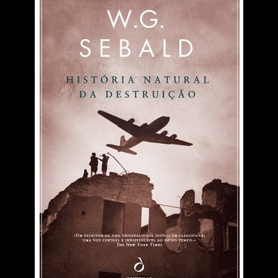 Capa de livro com avião e ruínas em tons sépia