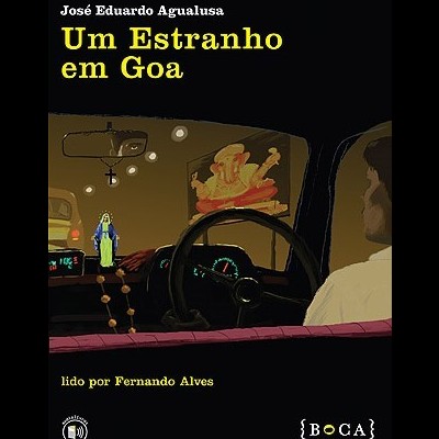 Capa do livro 'Um Estranho em Goa' com ilustração de interior de carro e estátua de Ganesha