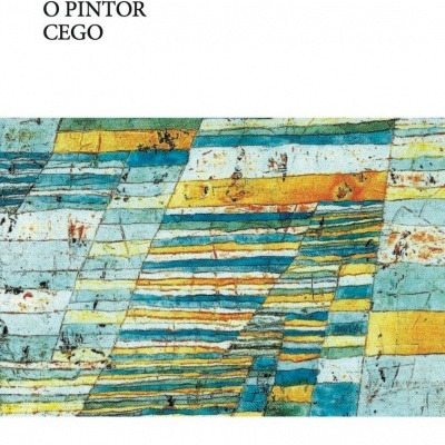 Capa de livro com design abstrato em tons de azul, amarelo e verde e texto do título e autor