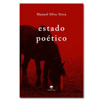 Capa de livro vermelho e preto com título Estado Poético e ilustração de cavalo