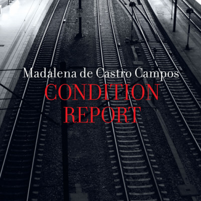 Capa de livro com linhas de comboio em preto e branco e texto vermelho e branco