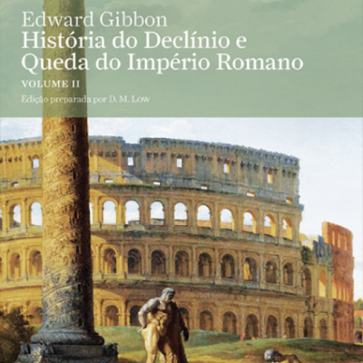 Capa de livro História do Declínio e Queda do Império Romano com ilustração do Coliseu e estátua romana.