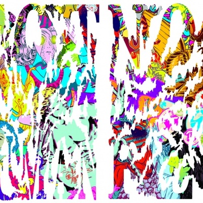 Padrão abstrato multicolorido com linhas e formas sobrepostas.