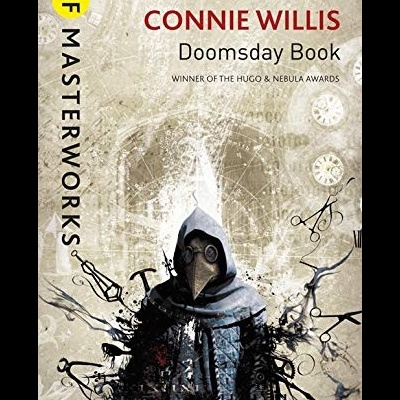 Capa de livro Doomsday Book com figura em máscara e elementos gráficos