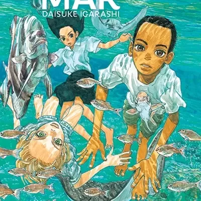 Capa de livro com crianças e peixe debaixo de água, título Crianças do Mar
