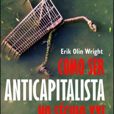 Capa de livro com carrinho de compras enferrujado submerso em água e texto em letras brancas e vermelhas