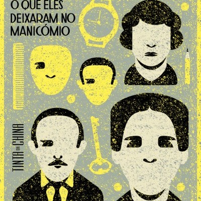 Capa de livro com título e rostos estilizados sobre fundo amarelo