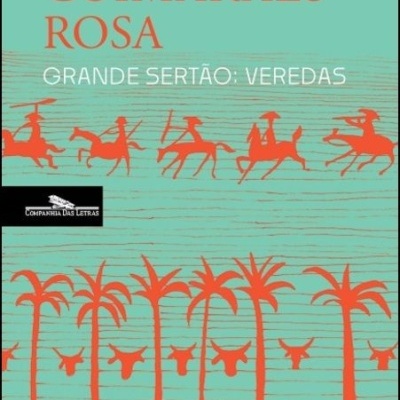 Capa de livro com título João Guimarães Rosa, Grande Sertão: Veredas, ilustrações de cavaleiros, palmeiras e animais em laranja sobre fundo verde