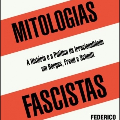 Capa do livro 'Mitologias Fascistas' com texto em preto sobre faixas vermelhas