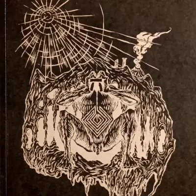 Capa de livro negra com ilustração branca e texto KHTHONOMORPHS.