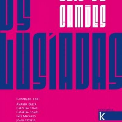 Capa de livro rosa com texto azul escuro e branco, título 'LUIS DE CAMÕES LUSÍADAS' e lista de ilustradores