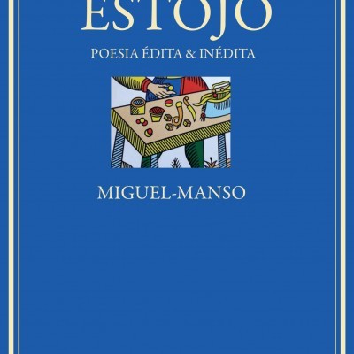 Capa azul de livro com título Estojo e ilustração de mesa com objetos coloridos