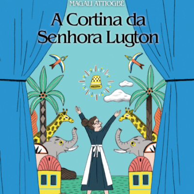 Capa de livro com ilustração colorida de figura feminina entre animais e cortinas azuis