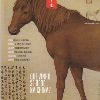 Cartaz com ilustração de cavalo castanho e texto em português e chinês sobre vinho na China