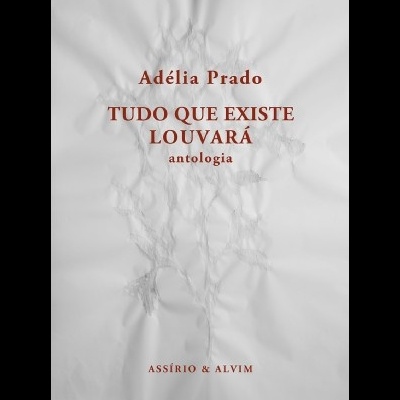 Capa de livro branco com relevo floral e texto vermelho