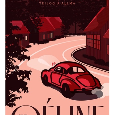 Capa de livro com ilustração de carro clássico vermelho e casas tradicionais
