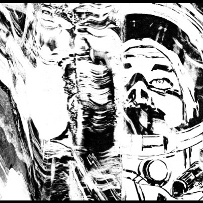 Imagem preto e branco com texto 'ANDRÉ COBELO RUSTED GANTRIES' e figura de astronauta