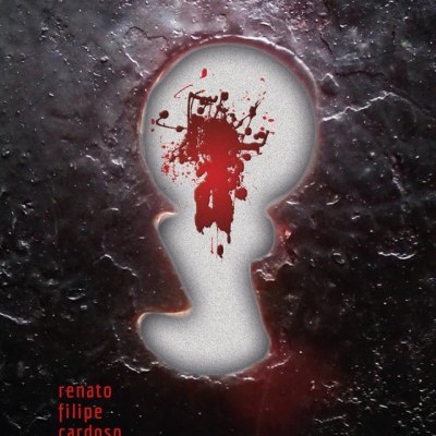 Capa de livro com forma branca e manchas vermelhas sobre fundo escuro texturizado