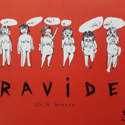 Ilustração de várias mulheres grávidas com balões de texto em fundo vermelho e texto GRAVIDEZ