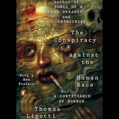 Capa do livro The Conspiracy against the Human Race com arte surrealista e texto