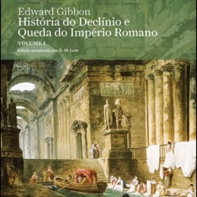 Capa de livro história do declínio e queda do Império Romano com ilustração de ruínas e pessoas