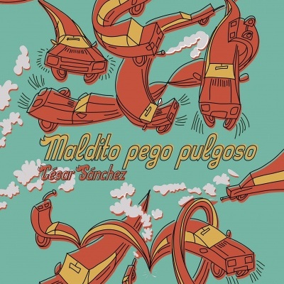 desenho de carros vermelhos distorcidos e texto Maldito pego pulgoso