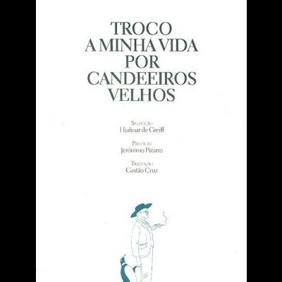 Capa de livro branco com texto verde e ilustração de homem com chapéu e guarda-chuva