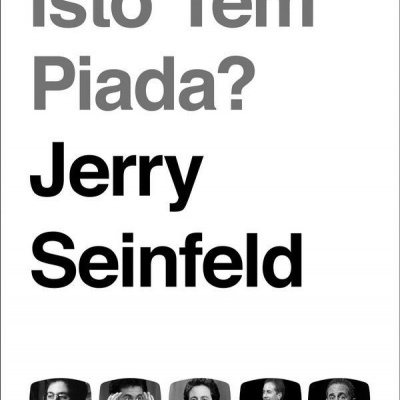 Capa de livro branco com título 'Isto Tem Piada? Jerry Seinfeld' e cinco fotos em preto e branco de Jerry Seinfeld em diferentes décadas