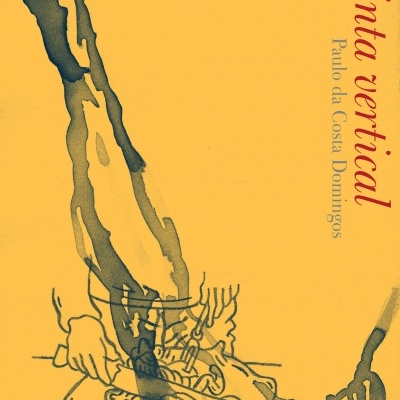 Capa de livro amarela com texto e ilustração abstrata em castanho escuro