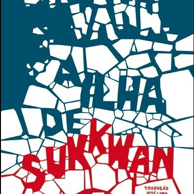 Capa de livro azul, branco e vermelho com texto em branco e vermelho