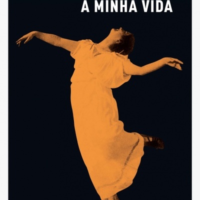 Capa de livro preto com figura feminina laranja dançando e texto branco