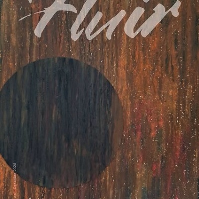 Capa de livro com título Fluir, círculo preto e palavra dor sobre fundo marrom texturizado