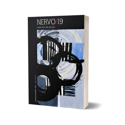 Livro NERVO/19 com capa preta e azul e padrões abstratos