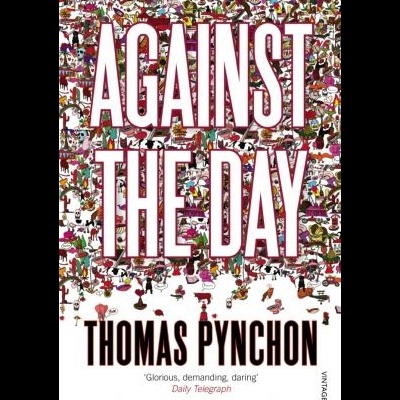Capa do livro Against the Day, de Thomas Pynchon, com muitas figuras pequenas e coloridas no fundo