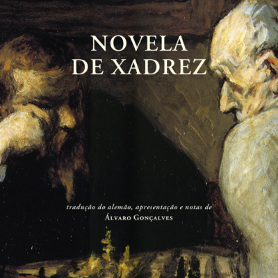 Capa do livro Novela de Xadrez de Stefan Zweig com imagem de duas pessoas idosas a jogar xadrez