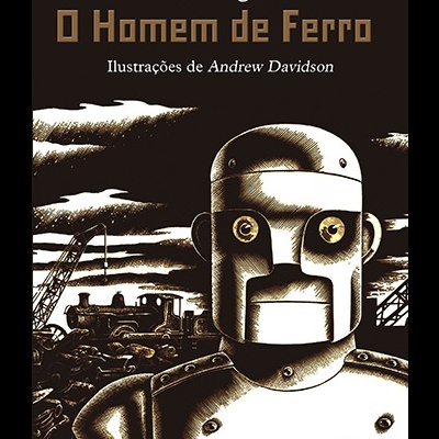 Capa do livro O Homem de Ferro com ilustração de robô de ferro e paisagem industrial