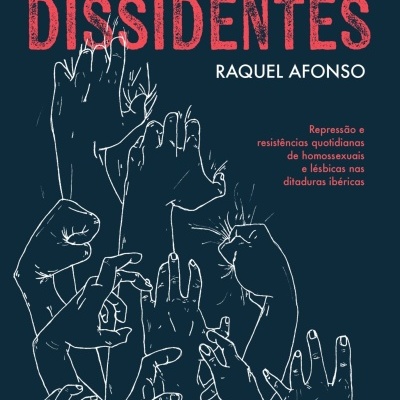 Capa de livro 'Memórias Dissidentes' com desenhos de várias mãos levantadas em fundo azul escuro.