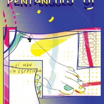 Arte gráfica colorida com texto e uma mão desenhada em estilo abstrato